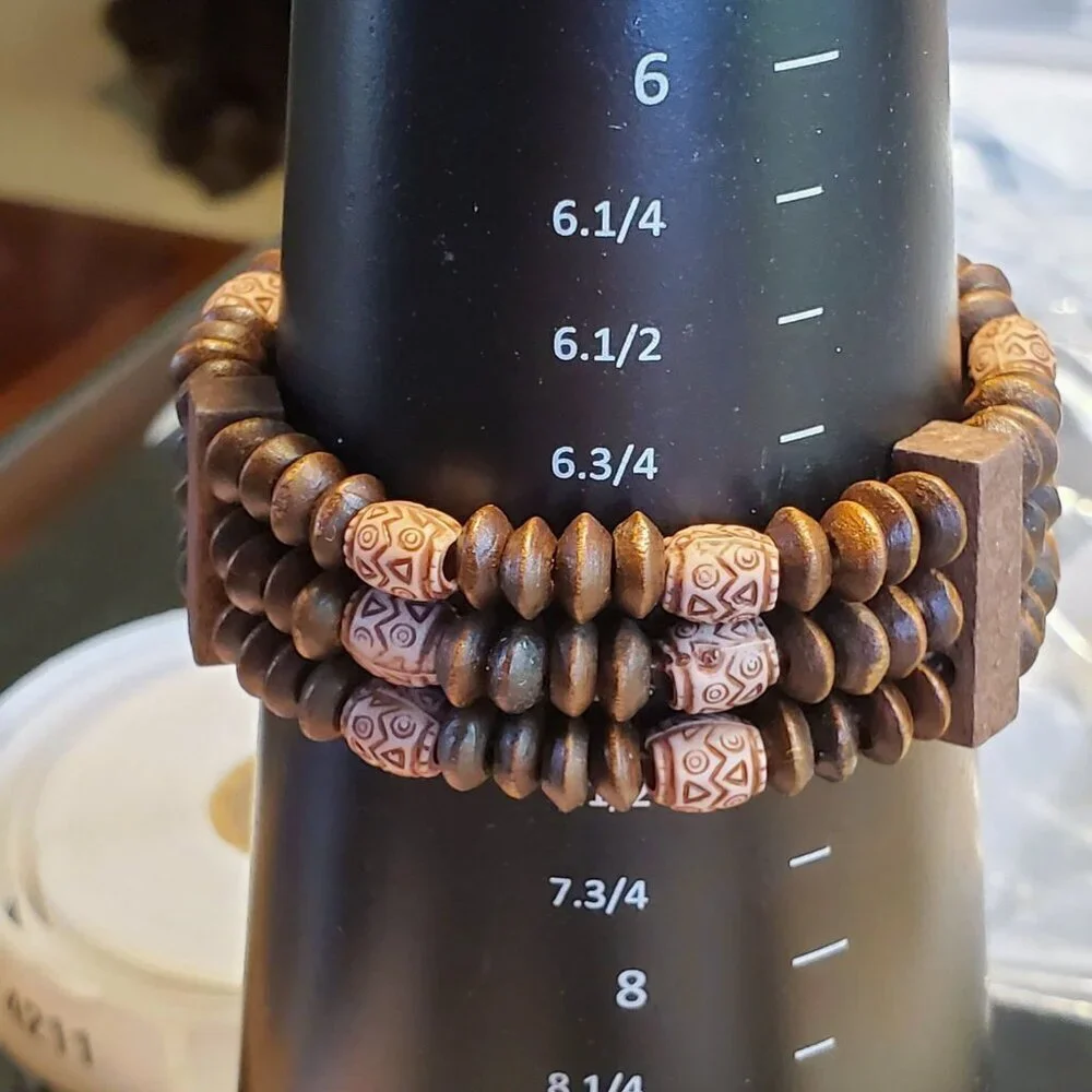 90s Y2K Vintage Boho Brown Tan Wood Acrylic Saucer Beads Stretch Bracelet